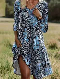 Women's Long Dress Maxi Dress Casual Dress A Line Dress Elegant Vintage Stylish Vacation Party Daily Loose Fit Floral Long Sleeve V Neck Blue Purple Orange Spring Fall Women Floral Dresses|Spring Dresses