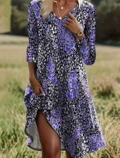 Women's Long Dress Maxi Dress Casual Dress A Line Dress Elegant Vintage Stylish Vacation Party Daily Loose Fit Floral Long Sleeve V Neck Blue Purple Orange Spring Fall Women Floral Dresses|Spring Dresses