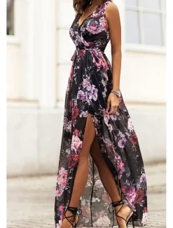 Clearance Women's Long Dress Maxi Dress Cocktail Dress Print Dress Fashion Outdoor Tea Party Going out Regular Fit Flower Sleeveless V Neck Black White Pink Summer Women Floral Dresses