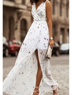 Clearance Women's Long Dress Maxi Dress Cocktail Dress Print Dress Fashion Outdoor Tea Party Going out Regular Fit Flower Sleeveless V Neck Black White Pink Summer Women Floral Dresses