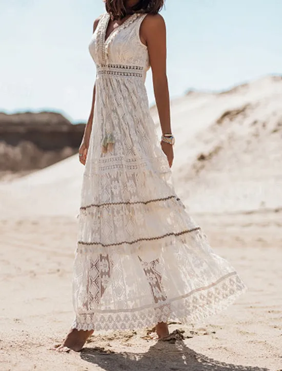 Best Women's Long Dress Maxi Dress Maxi Dress White Dress Boho Chic Dresses Boho Dress Bohemia Wedding Vacation Date Regular Fit Sleeveless V Neck White Apricot Summer Women White Dresses