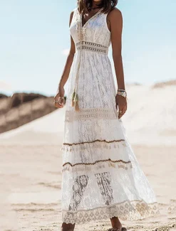 Best Women's Long Dress Maxi Dress Maxi Dress White Dress Boho Chic Dresses Boho Dress Bohemia Wedding Vacation Date Regular Fit Sleeveless V Neck White Apricot Summer Women White Dresses