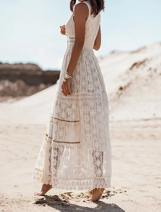 Best Women's Long Dress Maxi Dress Maxi Dress White Dress Boho Chic Dresses Boho Dress Bohemia Wedding Vacation Date Regular Fit Sleeveless V Neck White Apricot Summer Women White Dresses