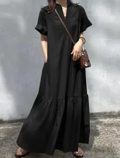 New Women's Long Dress Maxi Dress Linen-Inspired Dresses Casual Dress Cotton Linen Dress Stylish Casual Vacation Daily Date Regular Fit Plain Short Sleeve Stand Collar Black Wine Khaki Summer Spring Women Dresses