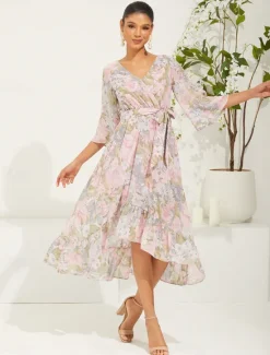 Online Women's Long Dress Maxi Dress Chiffon Dress Elegant Stylish Flutter Sleeve Wedding Vacation Daily Loose Fit Floral 3/4 Length Sleeve V Neck Summer Spring Fall Women Spring Dresses