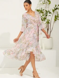 Online Women's Long Dress Maxi Dress Chiffon Dress Elegant Stylish Flutter Sleeve Wedding Vacation Daily Loose Fit Floral 3/4 Length Sleeve V Neck Summer Spring Fall Women Spring Dresses