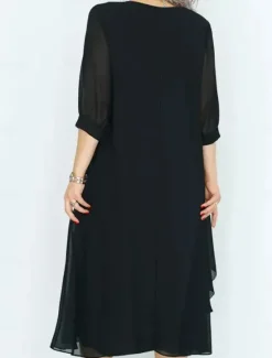 New Women's Long Dress Maxi Dress Casual Dress Cocktail Dress Wedding Guest Dress Chiffon Dress Elegant Stylish Work Daily Engagement Loose Fit Plain 3/4 Length Sleeve Crew Neck Black Royal Blue Purple Women Cocktail Dress