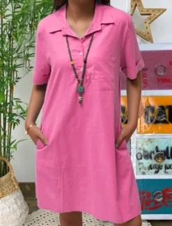 Best Women's Long Dress Maxi Dress Cotton Linen Dresses Casual Dress Elegant Stylish Basic Vacation Casual Daily Loose Fit Plain Short Sleeve Shirt Collar Yellow Pink Blue Summer Spring Women Dresses