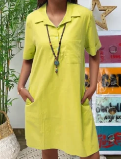 Best Women's Long Dress Maxi Dress Cotton Linen Dresses Casual Dress Elegant Stylish Basic Vacation Casual Daily Loose Fit Plain Short Sleeve Shirt Collar Yellow Pink Blue Summer Spring Women Dresses
