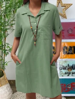 Best Women's Long Dress Maxi Dress Cotton Linen Dresses Casual Dress Elegant Stylish Basic Vacation Casual Daily Loose Fit Plain Short Sleeve Shirt Collar Yellow Pink Blue Summer Spring Women Dresses