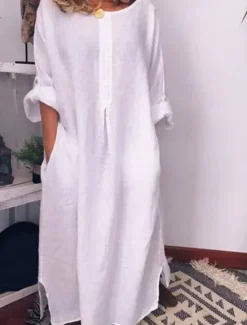 Best Women's Long Dress Maxi Dress Linen-Inspired Dresses Casual Dress Cotton Linen Dress Stylish Casual Vacation Daily Date Regular Fit Plain Long Sleeve Crew Neck White Yellow Blue Summer Spring Women Dresses