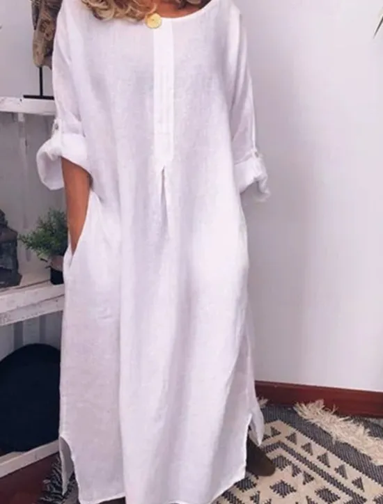 Best Women's Long Dress Maxi Dress Linen-Inspired Dresses Casual Dress Cotton Linen Dress Stylish Casual Vacation Daily Date Regular Fit Plain Long Sleeve Crew Neck White Yellow Blue Summer Spring Women Dresses