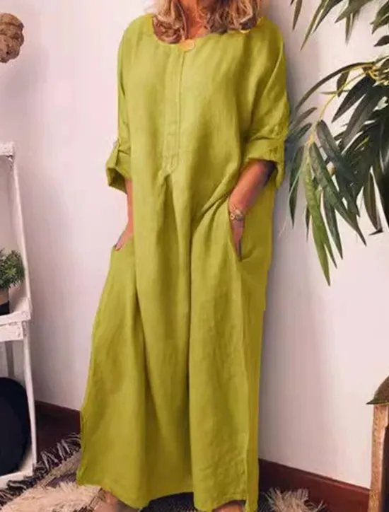 Best Women's Long Dress Maxi Dress Linen-Inspired Dresses Casual Dress Cotton Linen Dress Stylish Casual Vacation Daily Date Regular Fit Plain Long Sleeve Crew Neck White Yellow Blue Summer Spring Women Dresses