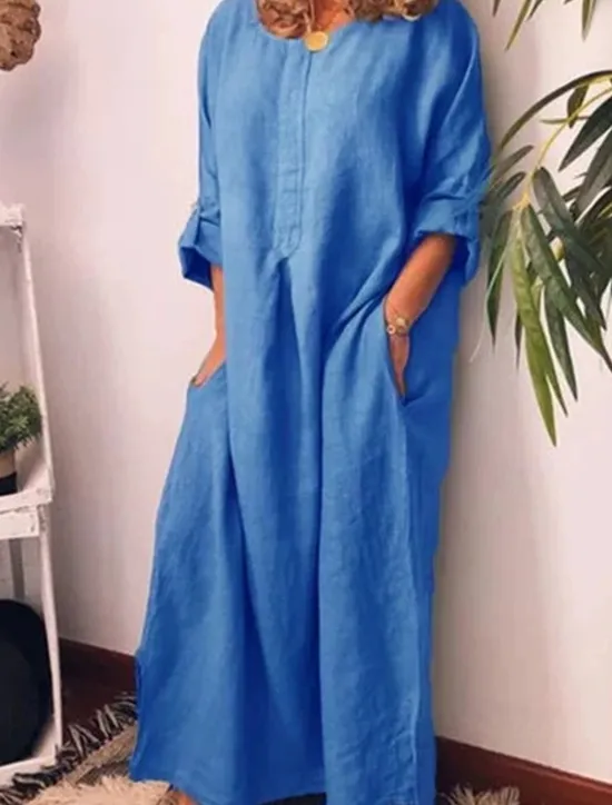 Best Women's Long Dress Maxi Dress Linen-Inspired Dresses Casual Dress Cotton Linen Dress Stylish Casual Vacation Daily Date Regular Fit Plain Long Sleeve Crew Neck White Yellow Blue Summer Spring Women Dresses