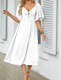 Women's Long Dress Maxi Dress Casual Dress Cocktail Dress Wedding Guest Dress Chiffon Dress Cute Stylish Casual Vacation Casual Daily Regular Fit Plain Short Sleeve V Neck White Pink Blue Apricot Women Cocktail Dress