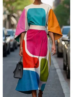 Online Women's Long Dress Maxi Dress Casual Dress Summer Dress Fashion Modern Daily Date Weekend Regular Fit Geometric 3/4 Length Sleeve Crew Neck Pink Blue Purple Fuchsia Summer Women Floral Dresses
