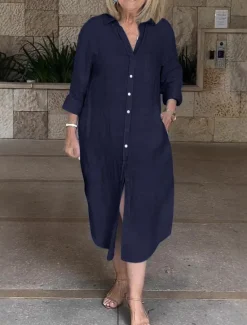 Clearance Women's Long Dress Maxi Dress Linen-Inspired Dresses Cotton Linen Dress Elegant Regular Fit 3/4 Length Sleeve V Neck Navy White Summer Spring Women Dresses