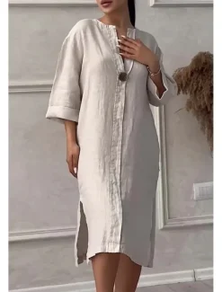 Hot Women's Long Dress Maxi Dress Linen-Inspired Dresses Cotton Linen Dress Hawaiian Regular Fit Solid Color Long Sleeve Crew Neck Light Blue Apricot Summer Spring Women Dresses