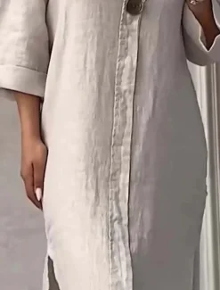 Hot Women's Long Dress Maxi Dress Linen-Inspired Dresses Cotton Linen Dress Hawaiian Regular Fit Solid Color Long Sleeve Crew Neck Light Blue Apricot Summer Spring Women Dresses