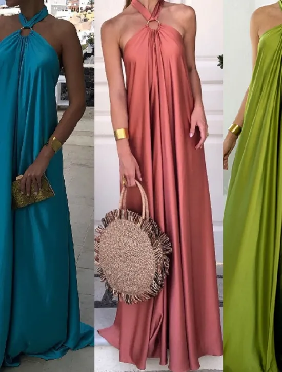 Discount Women's Long Dress Maxi Dress Casual Dress Summer Dress Halter Neck Dress Fashion Outdoor Holiday Date Regular Fit Plain Sleeveless Halter Neck Light Green Blue Orange Summer Spring Women Vacation Dresses