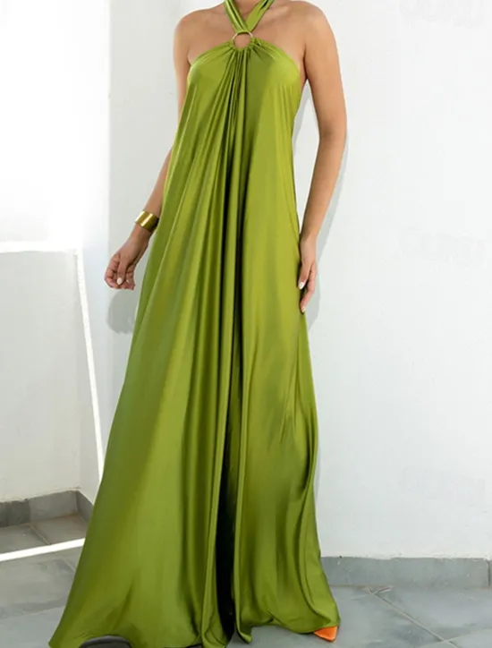 Discount Women's Long Dress Maxi Dress Casual Dress Summer Dress Halter Neck Dress Fashion Outdoor Holiday Date Regular Fit Plain Sleeveless Halter Neck Light Green Blue Orange Summer Spring Women Vacation Dresses