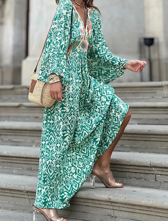 Discount Women's Long Dress Maxi Dress Casual Dress Boho Chic Dresses Boho Dress Bohemia Ethnic A Line Vacation Street Holiday Loose Fit Geometric Color Block Long Sleeve V Neck Summer Women Spring Dresses