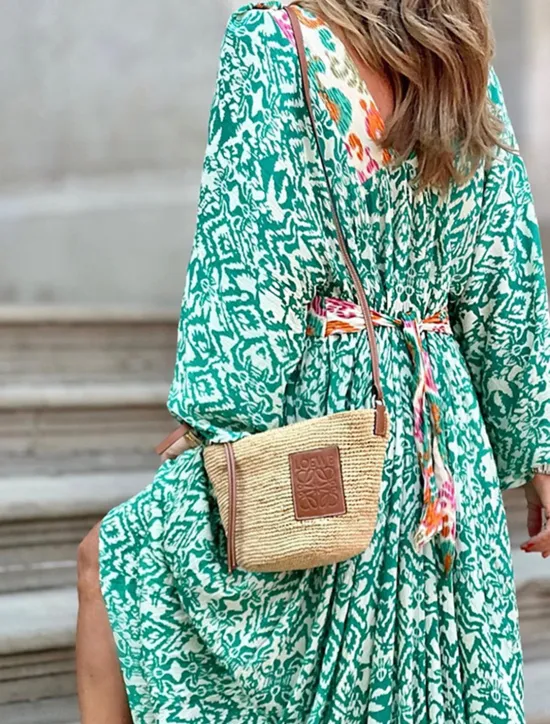 Discount Women's Long Dress Maxi Dress Casual Dress Boho Chic Dresses Boho Dress Bohemia Ethnic A Line Vacation Street Holiday Loose Fit Geometric Color Block Long Sleeve V Neck Summer Women Spring Dresses