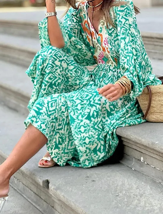 Discount Women's Long Dress Maxi Dress Casual Dress Boho Chic Dresses Boho Dress Bohemia Ethnic A Line Vacation Street Holiday Loose Fit Geometric Color Block Long Sleeve V Neck Summer Women Spring Dresses