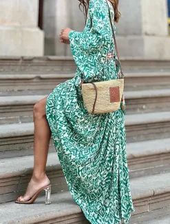 Discount Women's Long Dress Maxi Dress Casual Dress Boho Chic Dresses Boho Dress Bohemia Ethnic A Line Vacation Street Holiday Loose Fit Geometric Color Block Long Sleeve V Neck Summer Women Spring Dresses