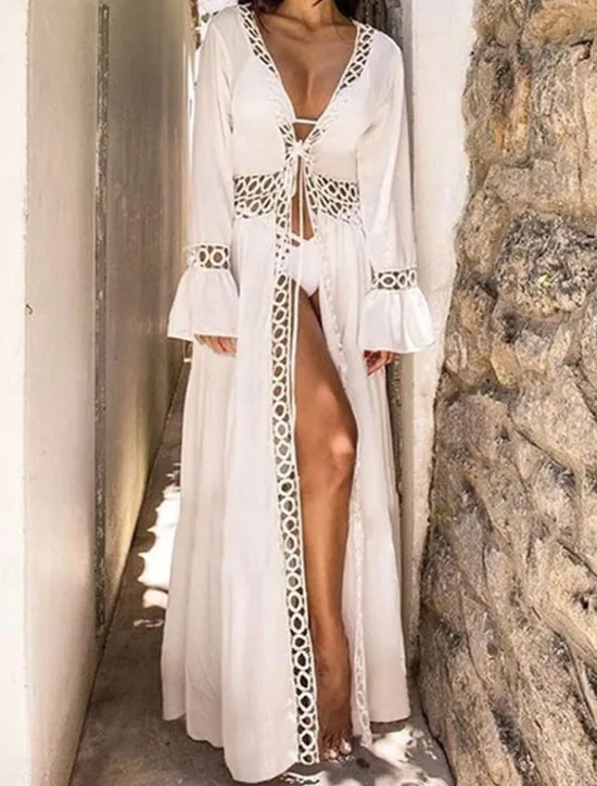 Online Women's Long Dress Maxi Dress Dress Summer Dress Boho Dress Cover Up Streetwear Maxi Vacation Holiday Beach Loose Fit Long Sleeve V Neck Summer Women White Dresses