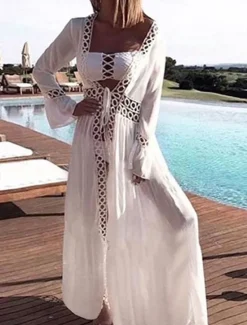 Online Women's Long Dress Maxi Dress Dress Summer Dress Boho Dress Cover Up Streetwear Maxi Vacation Holiday Beach Loose Fit Long Sleeve V Neck Summer Women White Dresses