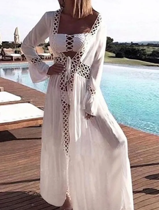 Online Women's Long Dress Maxi Dress Dress Summer Dress Boho Dress Cover Up Streetwear Maxi Vacation Holiday Beach Loose Fit Long Sleeve V Neck Summer Women White Dresses