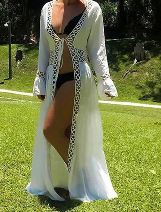 Online Women's Long Dress Maxi Dress Dress Summer Dress Boho Dress Cover Up Streetwear Maxi Vacation Holiday Beach Loose Fit Long Sleeve V Neck Summer Women White Dresses