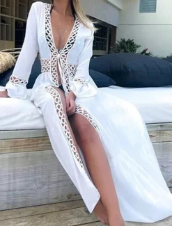 Online Women's Long Dress Maxi Dress Dress Summer Dress Boho Dress Cover Up Streetwear Maxi Vacation Holiday Beach Loose Fit Long Sleeve V Neck Summer Women White Dresses