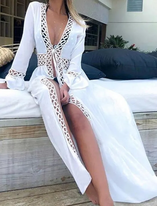 Online Women's Long Dress Maxi Dress Dress Summer Dress Boho Dress Cover Up Streetwear Maxi Vacation Holiday Beach Loose Fit Long Sleeve V Neck Summer Women White Dresses