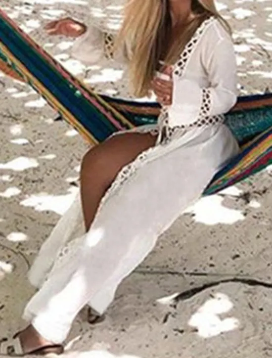 Online Women's Long Dress Maxi Dress Dress Summer Dress Boho Dress Cover Up Streetwear Maxi Vacation Holiday Beach Loose Fit Long Sleeve V Neck Summer Women White Dresses