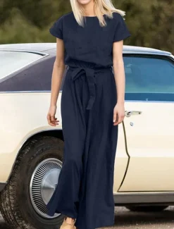 Hot Women's Long Dress Maxi Dress Linen-Inspired Dresses Casual Dress Summer Dress Plain Dress Streetwear Maxi Basic Vacation Street Holiday Loose Fit Short Sleeve Crew Neck Khaki Dark Blue Coffee Summer Women Dresses