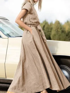 Hot Women's Long Dress Maxi Dress Linen-Inspired Dresses Casual Dress Summer Dress Plain Dress Streetwear Maxi Basic Vacation Street Holiday Loose Fit Short Sleeve Crew Neck Khaki Dark Blue Coffee Summer Women Dresses
