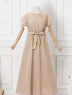 Hot Women's Long Dress Maxi Dress Linen-Inspired Dresses Casual Dress Summer Dress Plain Dress Streetwear Maxi Basic Vacation Street Holiday Loose Fit Short Sleeve Crew Neck Khaki Dark Blue Coffee Summer Women Dresses