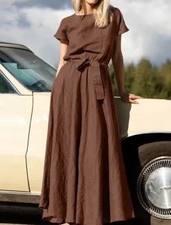 Hot Women's Long Dress Maxi Dress Linen-Inspired Dresses Casual Dress Summer Dress Plain Dress Streetwear Maxi Basic Vacation Street Holiday Loose Fit Short Sleeve Crew Neck Khaki Dark Blue Coffee Summer Women Dresses
