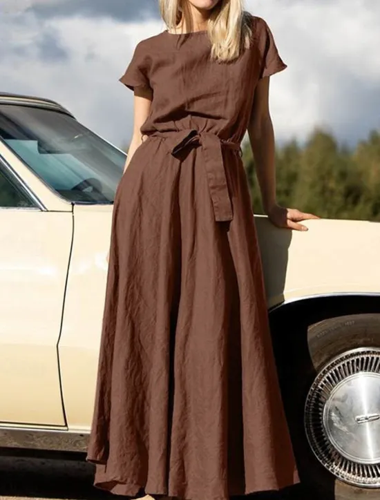 Hot Women's Long Dress Maxi Dress Linen-Inspired Dresses Casual Dress Summer Dress Plain Dress Streetwear Maxi Basic Vacation Street Holiday Loose Fit Short Sleeve Crew Neck Khaki Dark Blue Coffee Summer Women Dresses