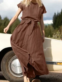 Hot Women's Long Dress Maxi Dress Linen-Inspired Dresses Casual Dress Summer Dress Plain Dress Streetwear Maxi Basic Vacation Street Holiday Loose Fit Short Sleeve Crew Neck Khaki Dark Blue Coffee Summer Women Dresses