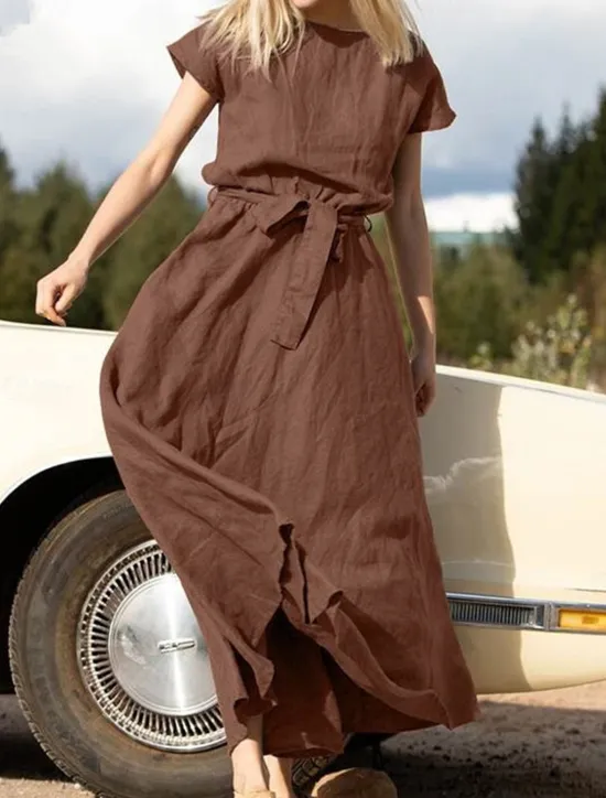 Hot Women's Long Dress Maxi Dress Linen-Inspired Dresses Casual Dress Summer Dress Plain Dress Streetwear Maxi Basic Vacation Street Holiday Loose Fit Short Sleeve Crew Neck Khaki Dark Blue Coffee Summer Women Dresses