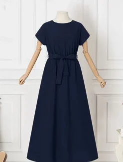 Hot Women's Long Dress Maxi Dress Linen-Inspired Dresses Casual Dress Summer Dress Plain Dress Streetwear Maxi Basic Vacation Street Holiday Loose Fit Short Sleeve Crew Neck Khaki Dark Blue Coffee Summer Women Dresses
