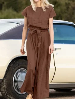 Hot Women's Long Dress Maxi Dress Linen-Inspired Dresses Casual Dress Summer Dress Plain Dress Streetwear Maxi Basic Vacation Street Holiday Loose Fit Short Sleeve Crew Neck Khaki Dark Blue Coffee Summer Women Dresses