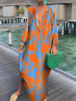 Online Women's Long Dress Maxi Dress Casual Dress Summer Dress Fashion Outdoor Holiday Date Regular Fit Geometric Long Sleeve Deep V Purple Orange Green Summer Spring Women Vacation Dresses