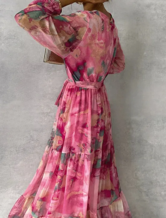 New Women's Long Dress Maxi Dress Chiffon Dress A Line Dress Elegant Formal Party Wedding Guest Daily Regular Fit Floral Long Sleeve V Neck Summer Women Floral Dresses