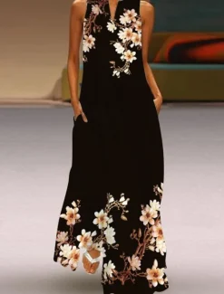 Women's Long Dress Maxi Dress Casual Dress Summer Dress Fashion Outdoor Party Holiday Regular Fit Flower Sleeveless V Neck Black White Pink Summer Women Floral Dresses