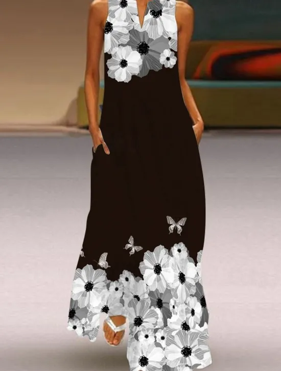 Women's Long Dress Maxi Dress Casual Dress Summer Dress Fashion Outdoor Party Holiday Regular Fit Flower Sleeveless V Neck Black White Pink Summer Women Floral Dresses
