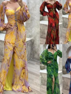 Sale Women's Long Dress Maxi Dress Party Dress Ruched Dress Fashion Party Evening Party Regular Fit Flower Long Sleeve V Neck Yellow Wine Blue Green Summer Women Floral Dresses